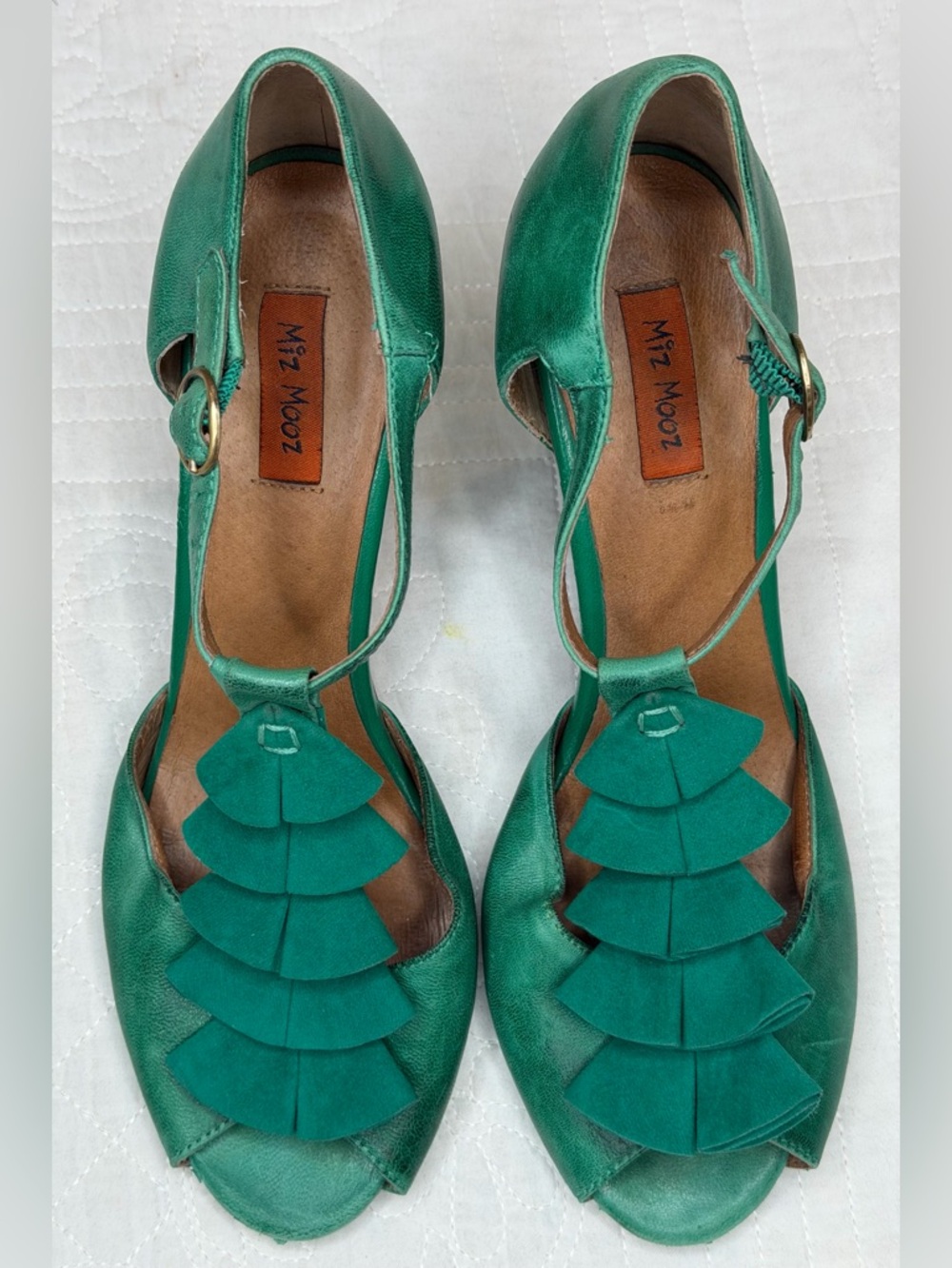 Miz Mooz Sailor Green Leather T-Strap Ruffled Heels Retro Y2K Classic Women 8 - Picture 2 of 13